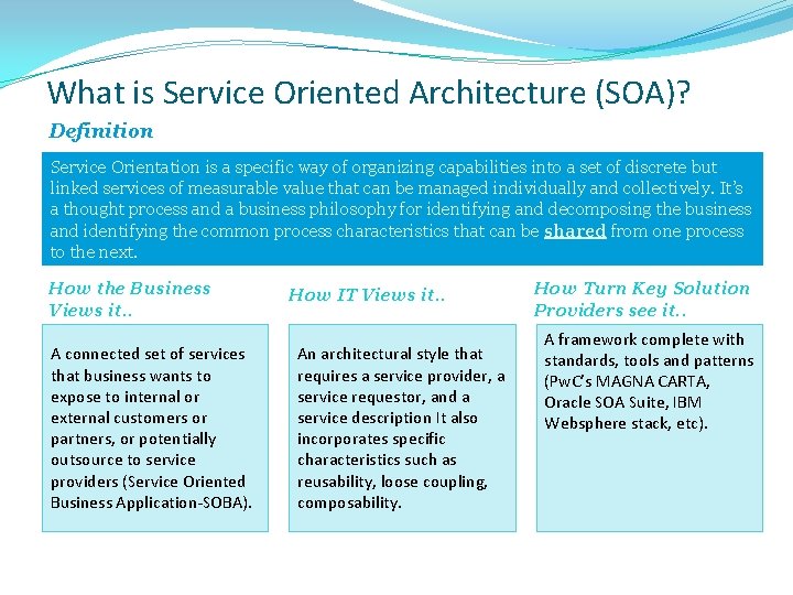 What is Service Oriented Architecture (SOA)? Definition Service Orientation is a specific way of