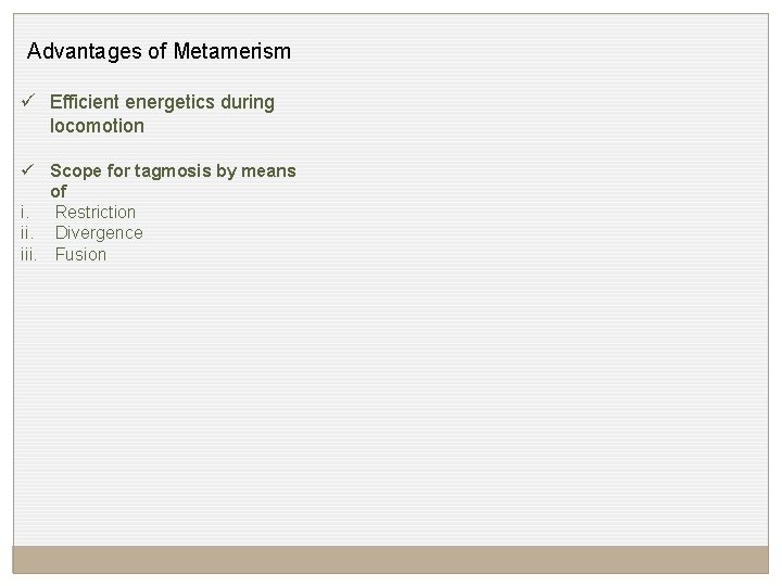 Advantages of Metamerism ü Efficient energetics during locomotion ü Scope for tagmosis by means