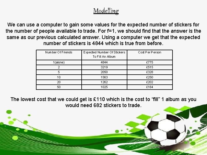 Modelling We can use a computer to gain some values for the expected number