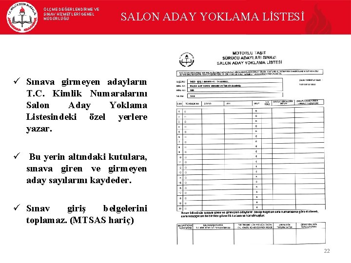 ÖLÇME DEĞERLENDİRME VE SINAV HİZMETLERİ GENEL MÜDÜRLÜĞÜ SALON ADAY YOKLAMA LİSTESİ ü Sınava girmeyen