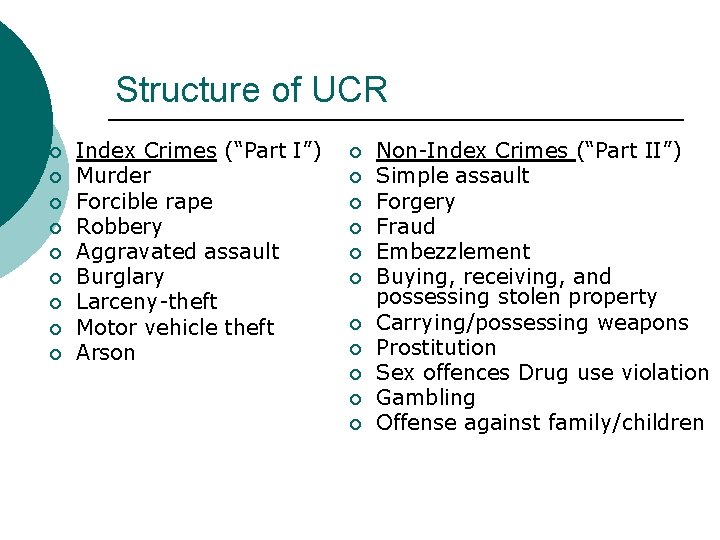 Structure of UCR ¡ ¡ ¡ ¡ ¡ Index Crimes (“Part I”) Murder Forcible