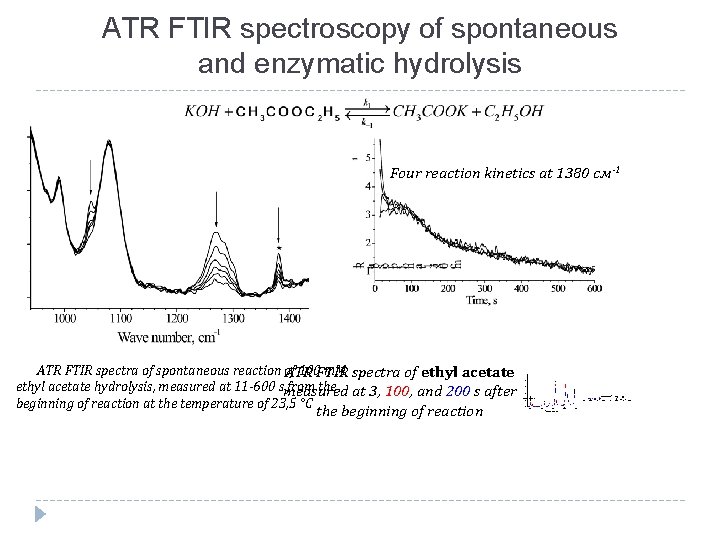 ATR FTIR spectroscopy of spontaneous and enzymatic hydrolysis Four reaction kinetics at 1380 см-1