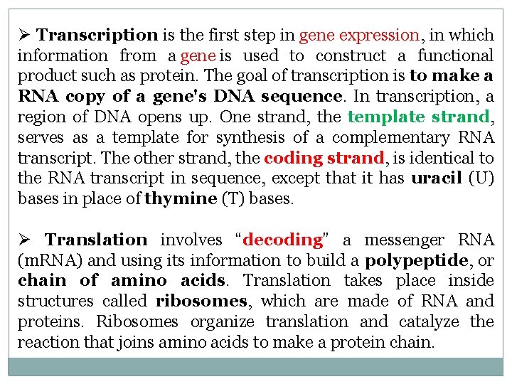 Ø Transcription is the first step in gene expression, in which information from a