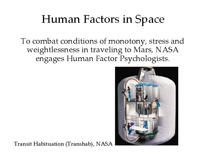 Human Factors in Space To combat conditions of monotony, stress and weightlessness in traveling