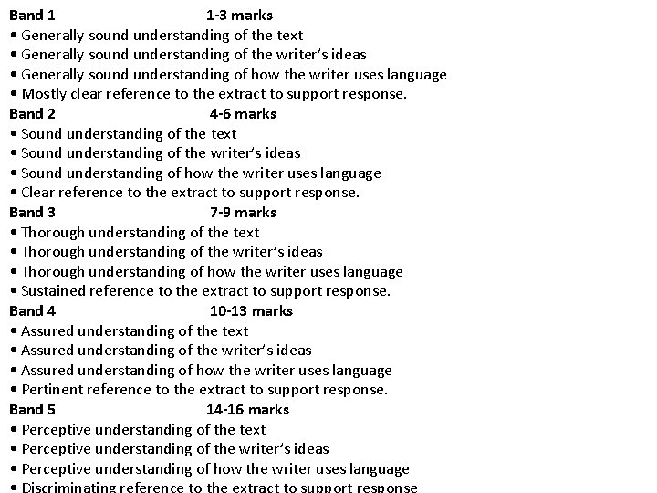 Band 1 1 -3 marks • Generally sound understanding of the text • Generally