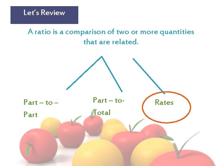 Let’s Review A ratio is a comparison of two or more quantities that are