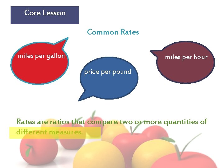 Core Lesson Common Rates miles per gallon miles per hour price per pound Rates