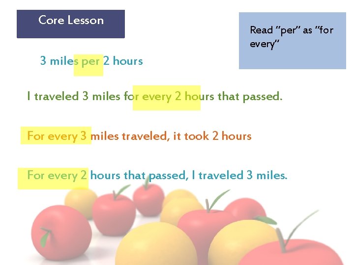 Core Lesson Read “per” as “for every” 3 miles per 2 hours I traveled