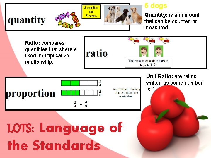5 dogs Quantity: is an amount that can be counted or measured. Ratio: compares