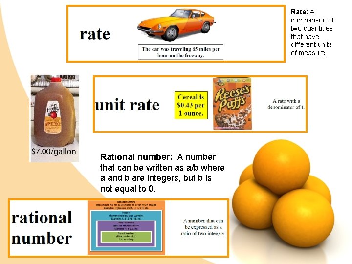 Rate: A comparison of two quantities that have different units of measure. Rational number: