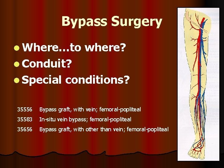Bypass Surgery l Where…to where? l Conduit? l Special conditions? 35556 Bypass graft, with