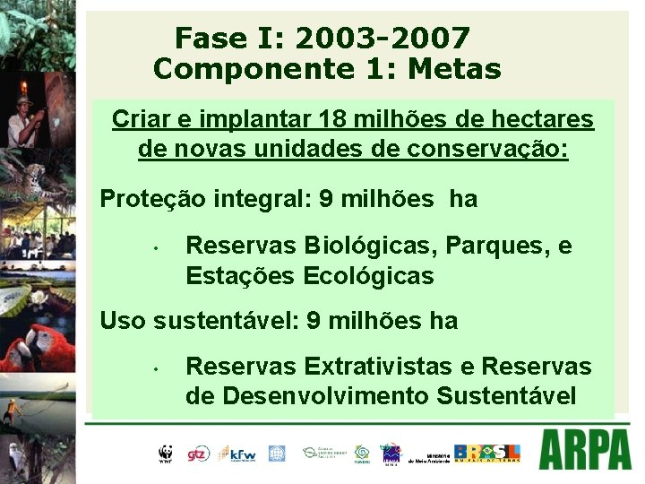 Fase I: 2003 -2007 Componente 1: Metas Criar e implantar 18 milhões de hectares