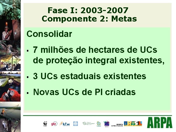 Fase I: 2003 -2007 Componente 2: Metas Consolidar § 7 milhões de hectares de