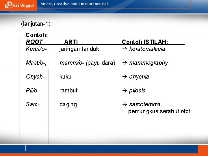 (lanjutan-1) Contoh: ROOT Kerat/o- ARTI jaringan tanduk Contoh ISTILAH: keratomalacia Mast/o-, mamm/o- (payu dara)