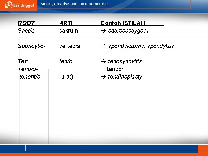 ROOT Sacr/o- ARTI sakrum Contoh ISTILAH: sacrococcygeal Spondyl/o- vertebra spondylotomy, spondylitis Ten-, Tend/o-, tenont/o-