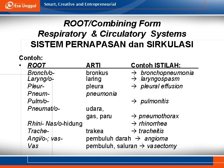 ROOT/Combining Form Respiratory & Circulatory Systems SISTEM PERNAPASAN dan SIRKULASI Contoh: • ROOT Bronch/o.