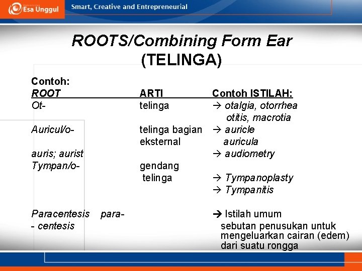 ROOTS/Combining Form Ear (TELINGA) Contoh: ROOT Ot- ARTI telinga Contoh ISTILAH: otalgia, otorrhea otitis,