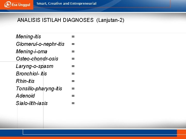 ANALISIS ISTILAH DIAGNOSES (Lanjutan-2) Mening-itis Glomerul-o-nephr-itis Mening-i-oma Osteo-chondr-osis Laryng-o-spasm Bronchiol- itis Rhin-itis Tonsillo-pharyng-itis Adenoid