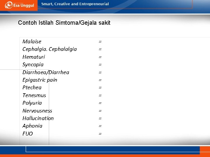 Contoh Istilah Simtoma/Gejala sakit Malaise Cephalgia. Cephalalgia Hematuri Syncopia Diarrhoea/Diarrhea Epigastric pain Ptechea Tenesmus