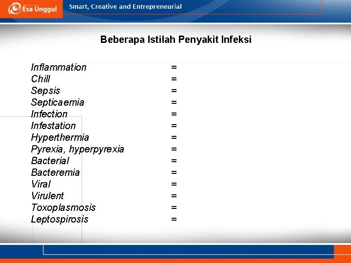 Beberapa Istilah Penyakit Infeksi Inflammation Chill Sepsis Septicaemia Infection Infestation Hyperthermia Pyrexia, hyperpyrexia Bacterial