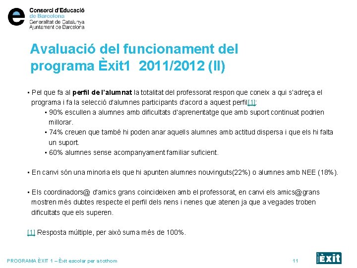 Avaluació del funcionament del programa Èxit 1 2011/2012 (II) • Pel que fa al