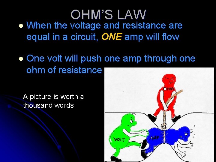 OHM’S LAW l When the voltage and resistance are equal in a circuit, ONE