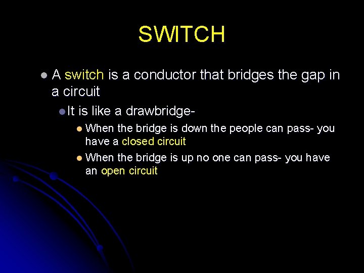 SWITCH l. A switch is a conductor that bridges the gap in a circuit