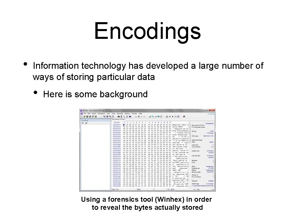 Encodings • Information technology has developed a large number of ways of storing particular