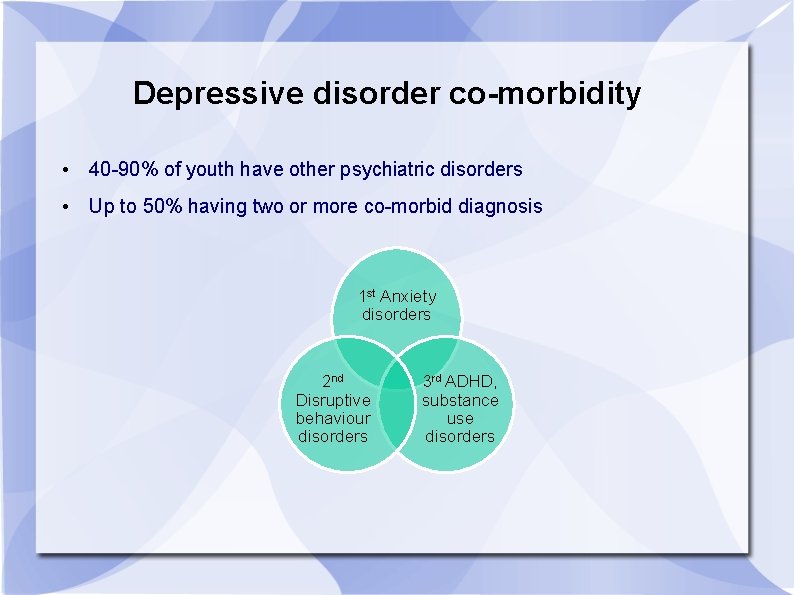 Depressive disorder co-morbidity • 40 -90% of youth have other psychiatric disorders • Up