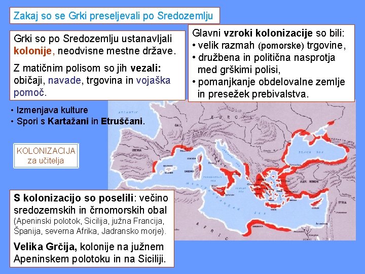 Zakaj so se Grki preseljevali po Sredozemlju Grki so po Sredozemlju ustanavljali kolonije, neodvisne