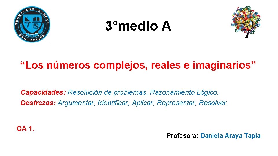 3°medio A “Los números complejos, reales e imaginarios” Capacidades: Resolución de problemas. Razonamiento Lógico.