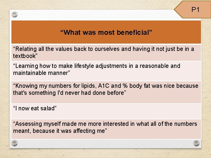 P 1 “What was most beneficial” “Relating all the values back to ourselves and