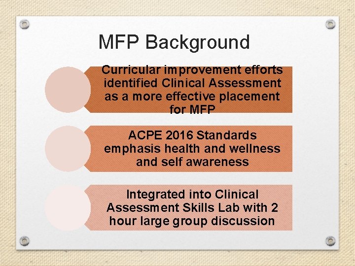 MFP Background Curricular improvement efforts identified Clinical Assessment as a more effective placement for