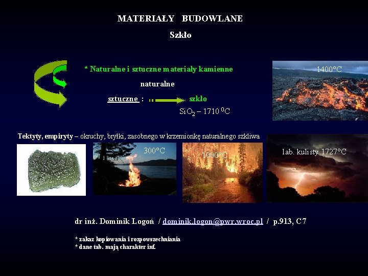 MATERIAŁY BUDOWLANE Szkło * Naturalne i sztuczne materiały kamienne 1400°C naturalne sztuczne : szkło