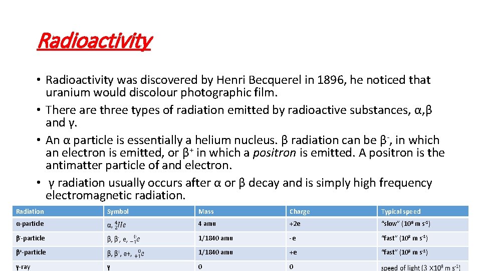 Radioactivity • Radioactivity was discovered by Henri Becquerel in 1896, he noticed that uranium