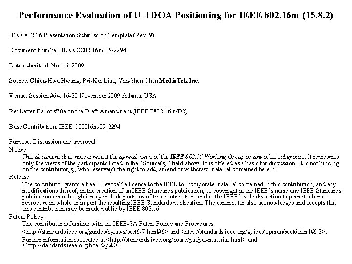 Performance Evaluation of U-TDOA Positioning for IEEE 802. 16 m (15. 8. 2) IEEE
