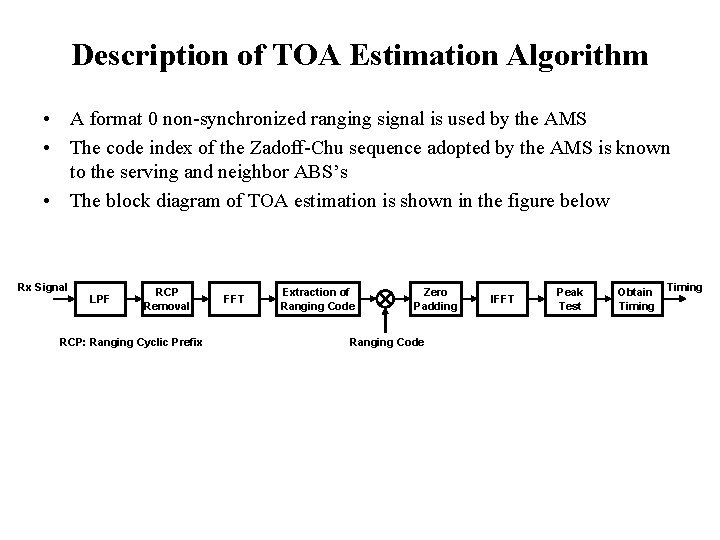 Description of TOA Estimation Algorithm • A format 0 non-synchronized ranging signal is used