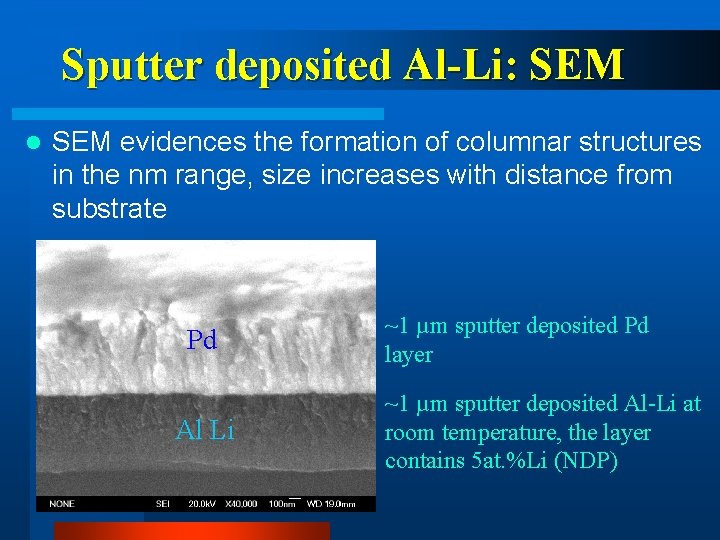 Sputter deposited Al-Li: SEM l SEM evidences the formation of columnar structures in the