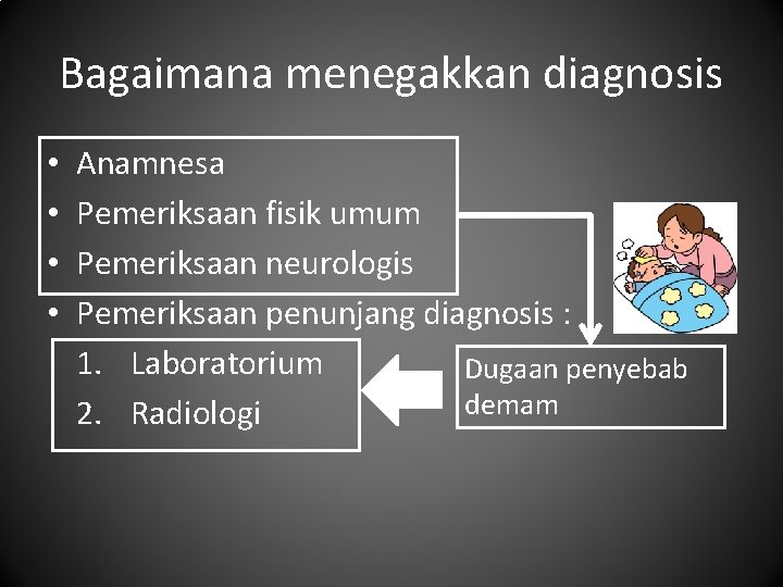 Bagaimana menegakkan diagnosis • • Anamnesa Pemeriksaan fisik umum Pemeriksaan neurologis Pemeriksaan penunjang diagnosis