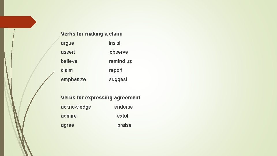Verbs for making a claim argue insist assert observe believe remind us claim report Verbs for making a claim argue insist assert observe believe remind us claim report