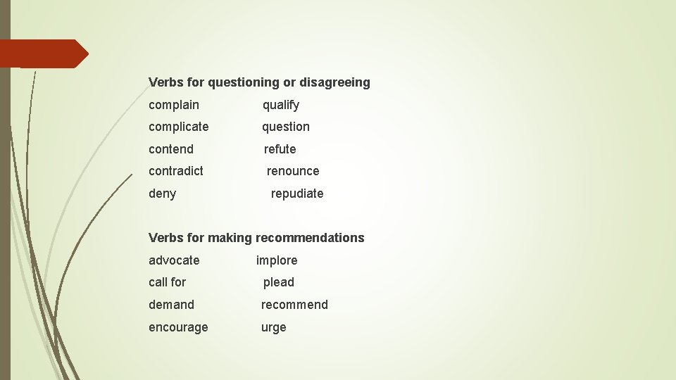 Verbs for questioning or disagreeing complain qualify complicate question contend refute contradict renounce deny Verbs for questioning or disagreeing complain qualify complicate question contend refute contradict renounce deny