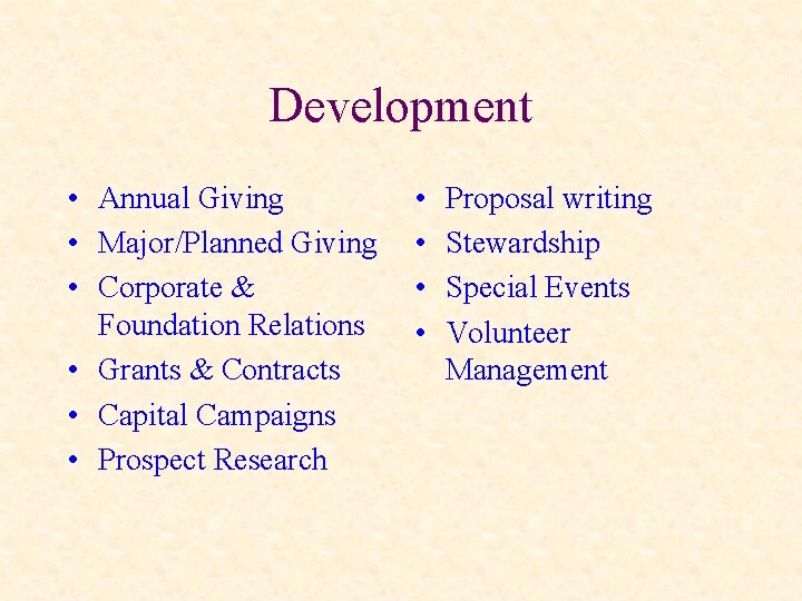 Development • Annual Giving • Major/Planned Giving • Corporate & Foundation Relations • Grants