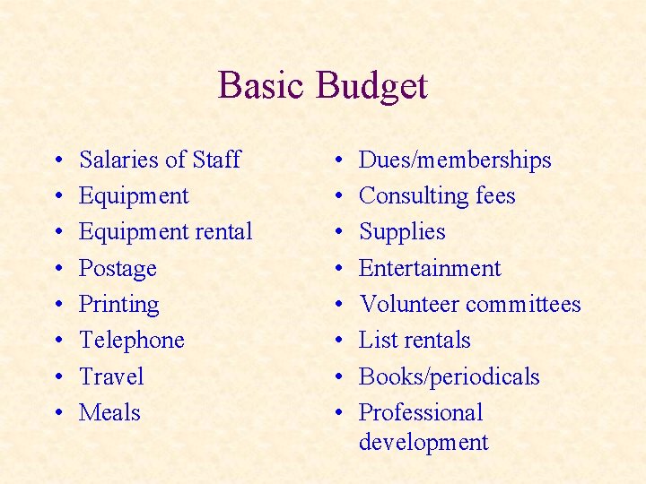 Basic Budget • • Salaries of Staff Equipment rental Postage Printing Telephone Travel Meals