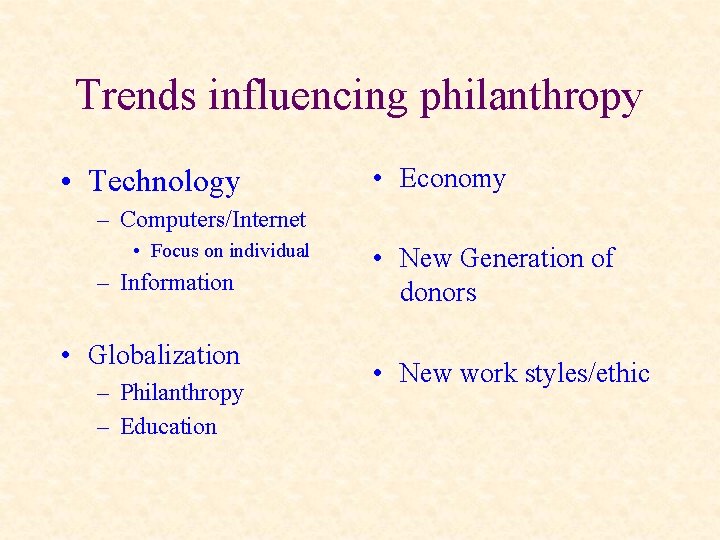 Trends influencing philanthropy • Technology • Economy – Computers/Internet • Focus on individual –