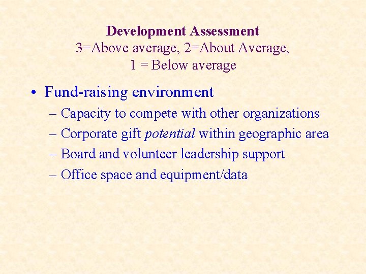 Development Assessment 3=Above average, 2=About Average, 1 = Below average • Fund-raising environment –