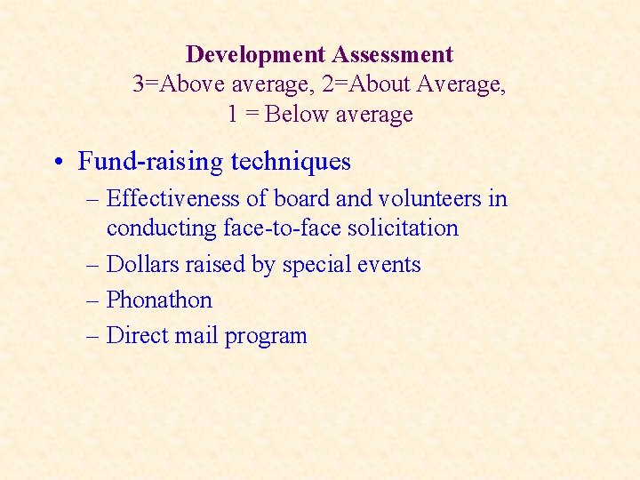 Development Assessment 3=Above average, 2=About Average, 1 = Below average • Fund-raising techniques –