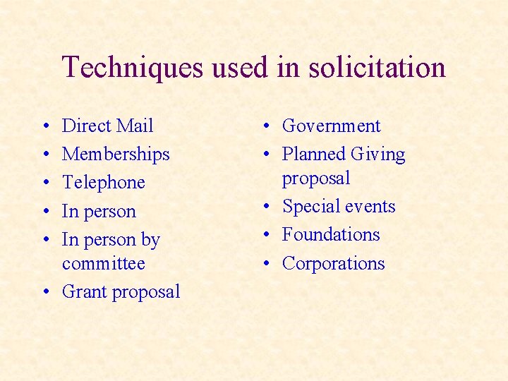 Techniques used in solicitation • • • Direct Mail Memberships Telephone In person by