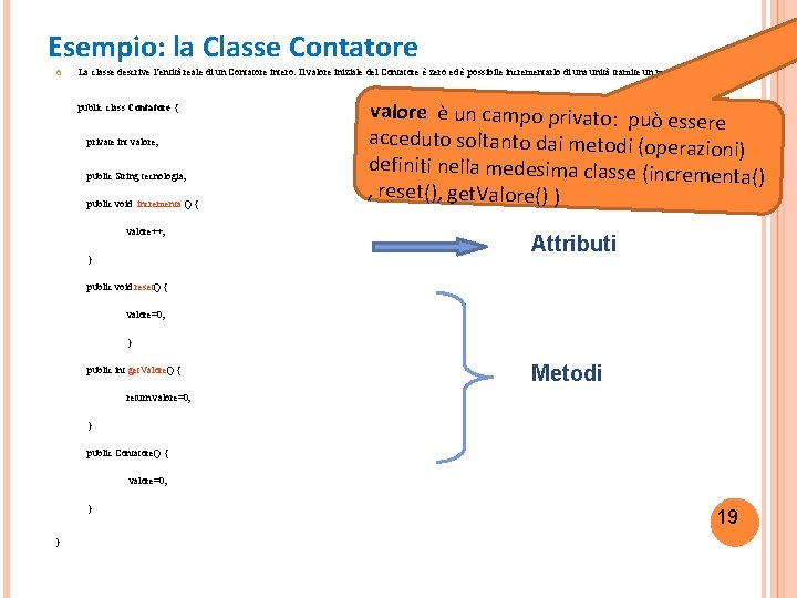 Esempio: la Classe Contatore La classe descrive l’entità reale di un Contatore intero. Il