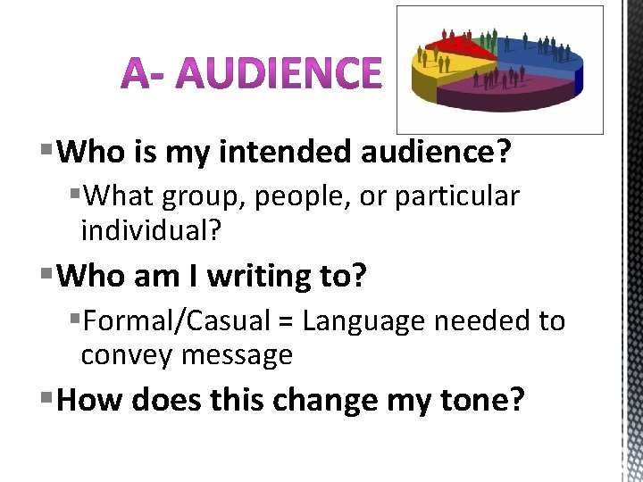 §Who is my intended audience? §What group, people, or particular individual? §Who am I