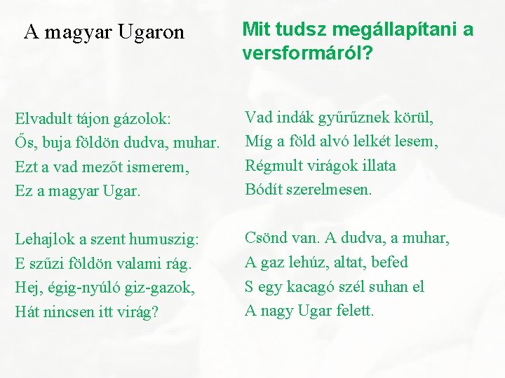 A magyar Ugaron Mit tudsz megállapítani a versformáról? Elvadult tájon gázolok: Ős, buja földön